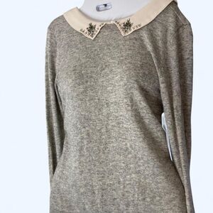 LOFT Gray Knit Sweater with Cream Embellished Collar
